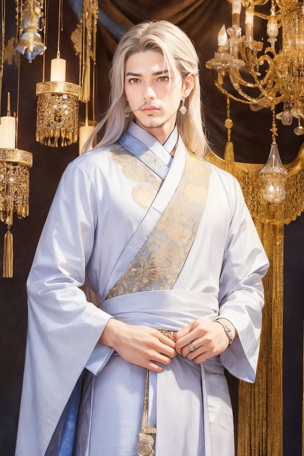 A majestic Wenboy stands proudly in front of an intricately designed Hanfu-inspired backdrop,  adorned with ornate lantern...