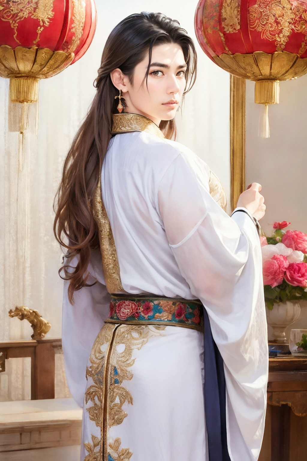A majestic Wenboy stands proudly in front of an intricately designed Hanfu-inspired backdrop,  adorned with ornate lantern...