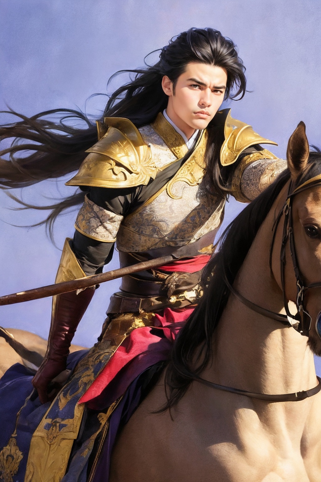 A majestic,  dark-skinned male warrior,  dressed in worn armor and a tattered hanfu on Tensor.Art