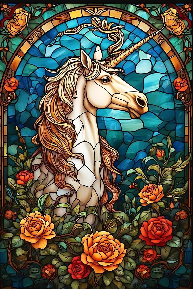 stained glass ,  Create a vibrant,  ornate stained-glass depiction of a majestic unicorn. The unicorn should have a flowin...