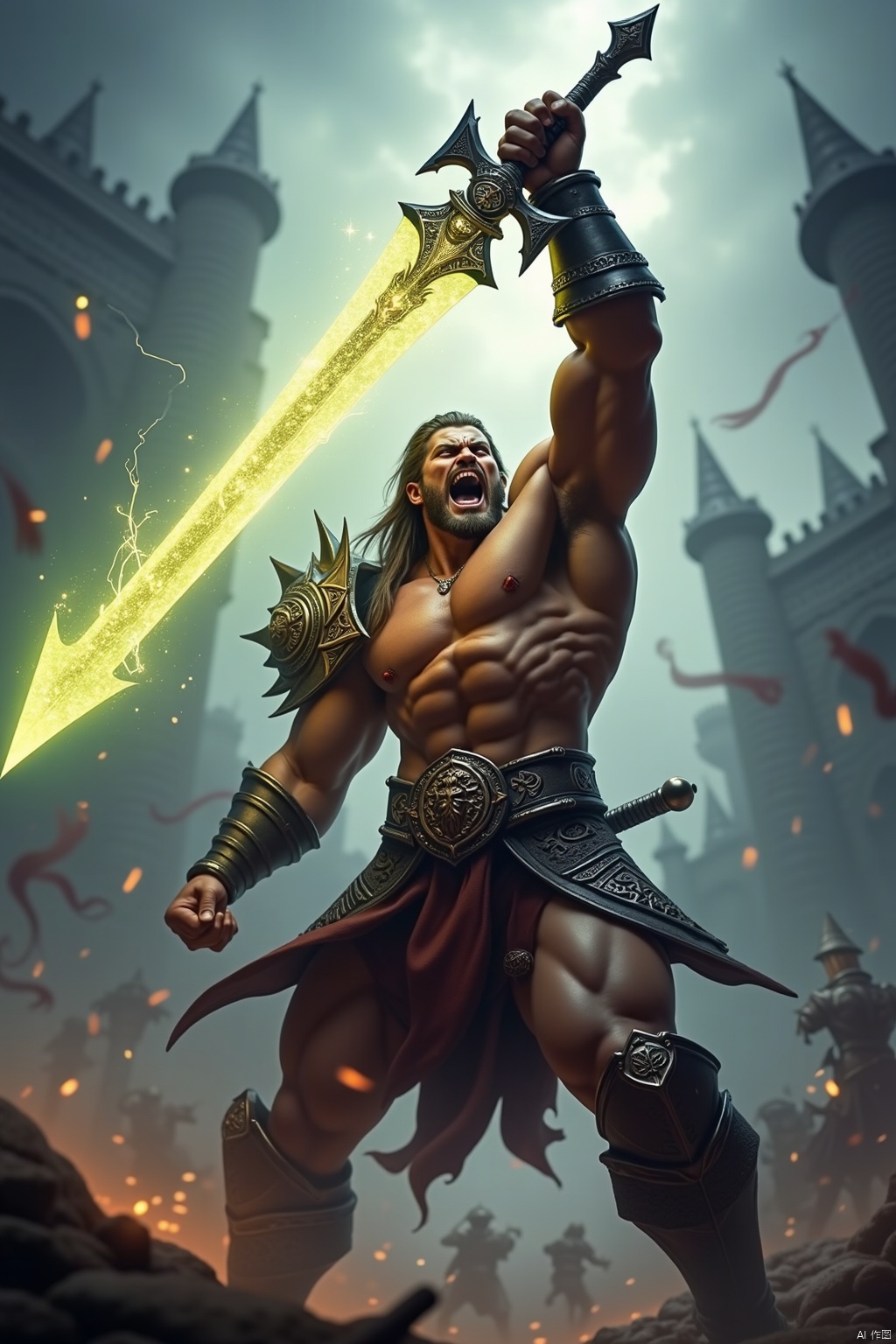 A dynamic fantasy-style combatant, mid-battle, with a fierce expression and a glowing, enchanted sword raised high. The scene is framed in a close-up, capturing the intensity of the moment. The lighting is dramatic, with a spotlight effect highlighting the warrior's muscular physique and intricate armor adorned with mystical runes. The composition is balanced, with the sword's energy field radiating outward, creating a sense of power and urgency. The background is a blurred, ethereal battlefield, with swirling mists and distant, towering castles. The overall atmosphere is one of epic, magical combat.