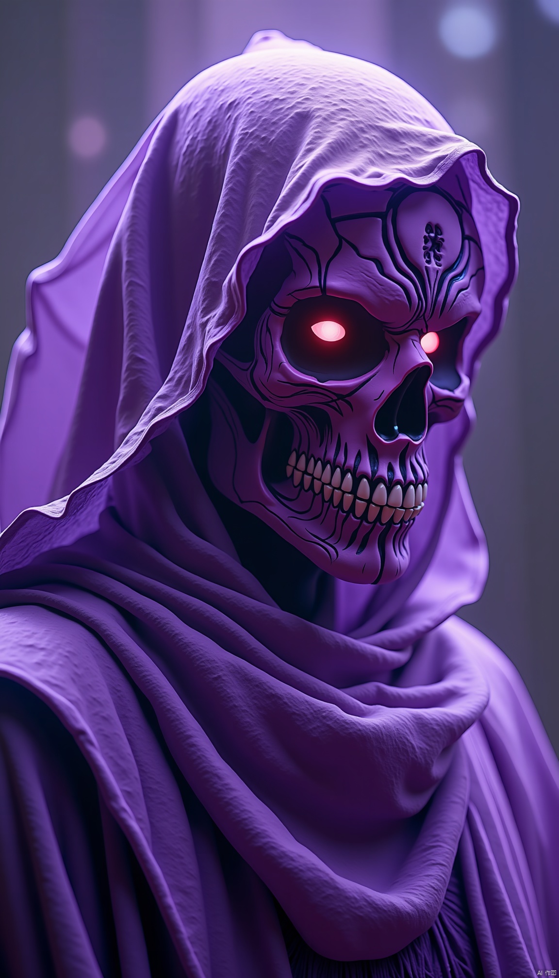purple,a ghostly female silhouette. messenger of nature god. exiled shaman. integral mask.dark canvas toge. canvas hood. runic circle. elements. power from inside. glowing eyes. bokeh blur. photorealistic,