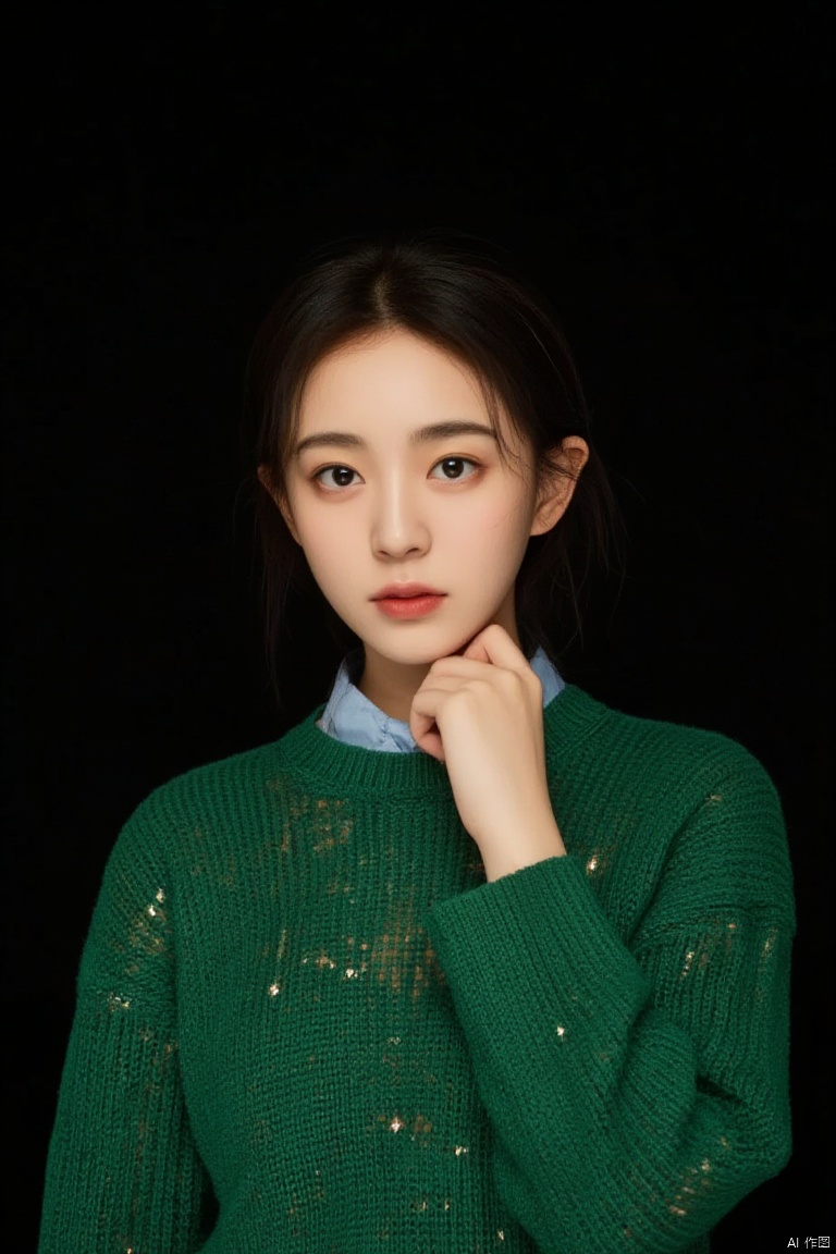 Surrealist art chinese girl,18yo,Portrait Studio,facial,official art,photographic lights,warm light,black background,realistic,solo,Sony A7R IV with Sony FE 85mm f-1.4 GM,Agfa Vista 400,green sweater,a blue blanket,surrealistic,16k image quality,sparse mesh sweater, . Dreamlike, mysterious, provocative, symbolic, intricate, detailed
