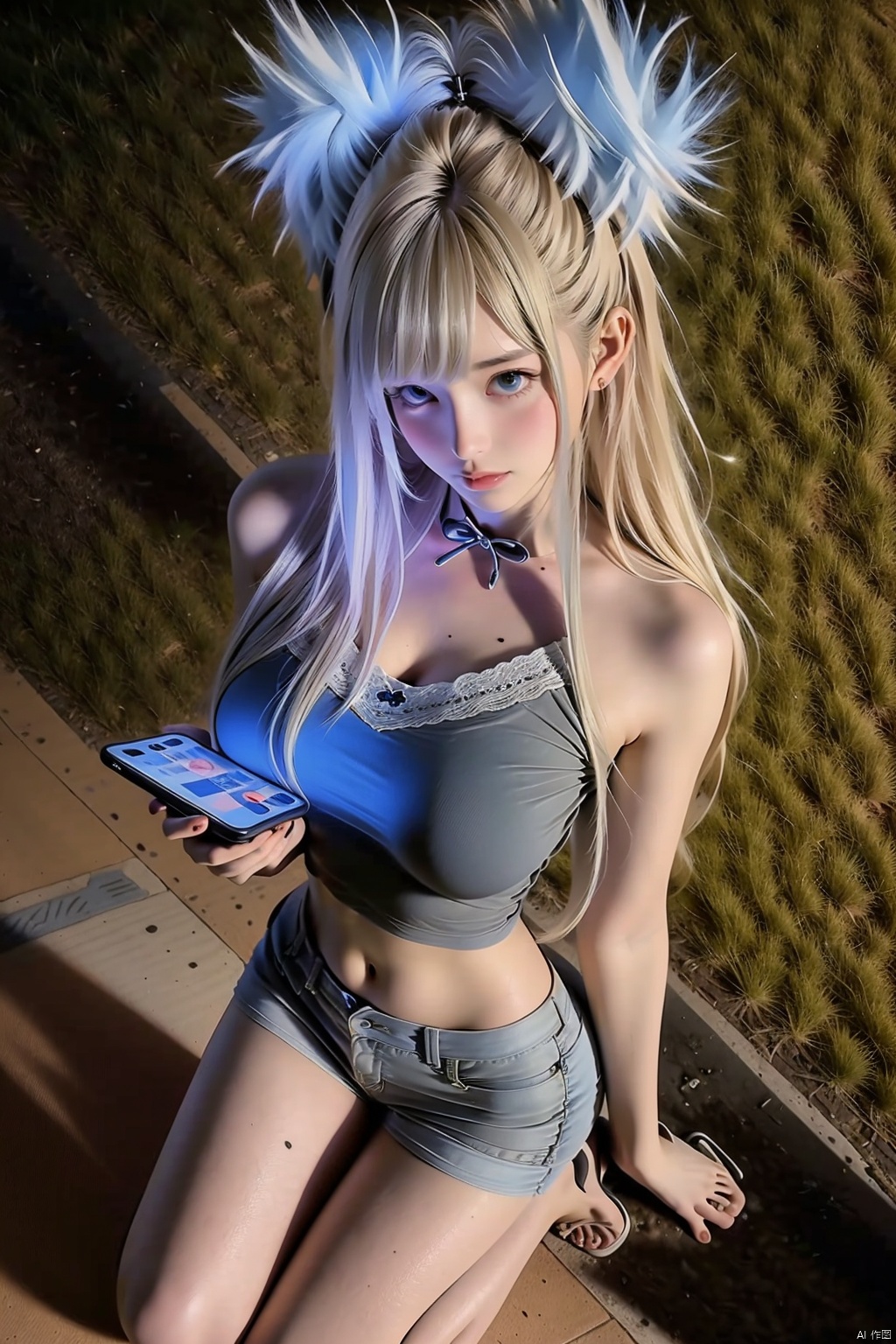 1girl solo long hair breasts large breasts navel animal ears shorts midriff short shorts kneeling phone cellphone denim denim shorts realistic grey shorts photo background photo inset

