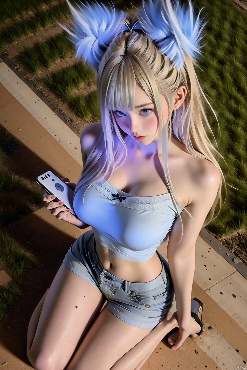 1girl solo long hair breasts large breasts navel animal ears shorts midriff short shorts kneeling phone cellphone denim denim shorts realistic grey shorts photo background photo inset

