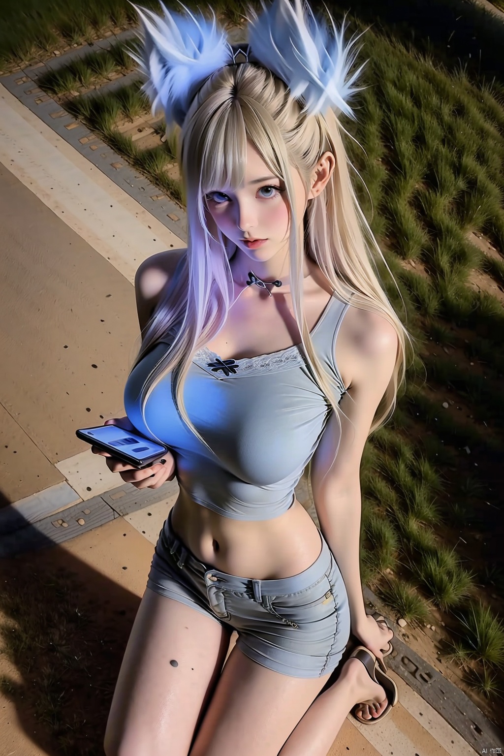 1girl solo long hair breasts large breasts navel animal ears shorts midriff short shorts kneeling phone cellphone denim denim shorts realistic grey shorts photo background photo inset

