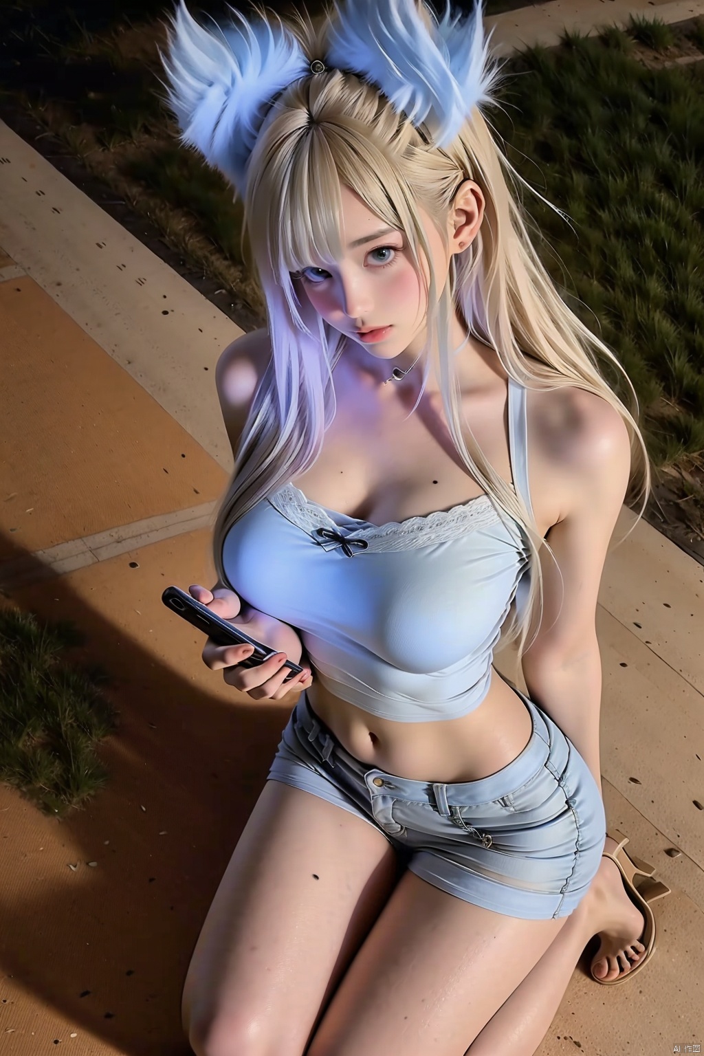 1girl solo long hair breasts large breasts navel animal ears shorts midriff short shorts kneeling phone cellphone denim denim shorts realistic grey shorts photo background photo inset


