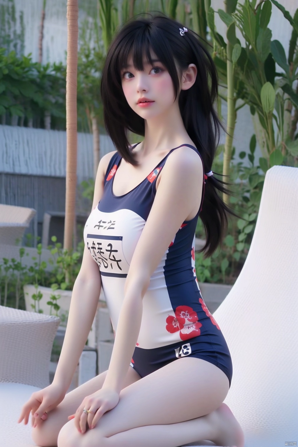 1girl solo looking at viewer black hair sitting swimsuit barefoot one-piece swimsuit kneeling school swimsuit seiza realistic name tag
