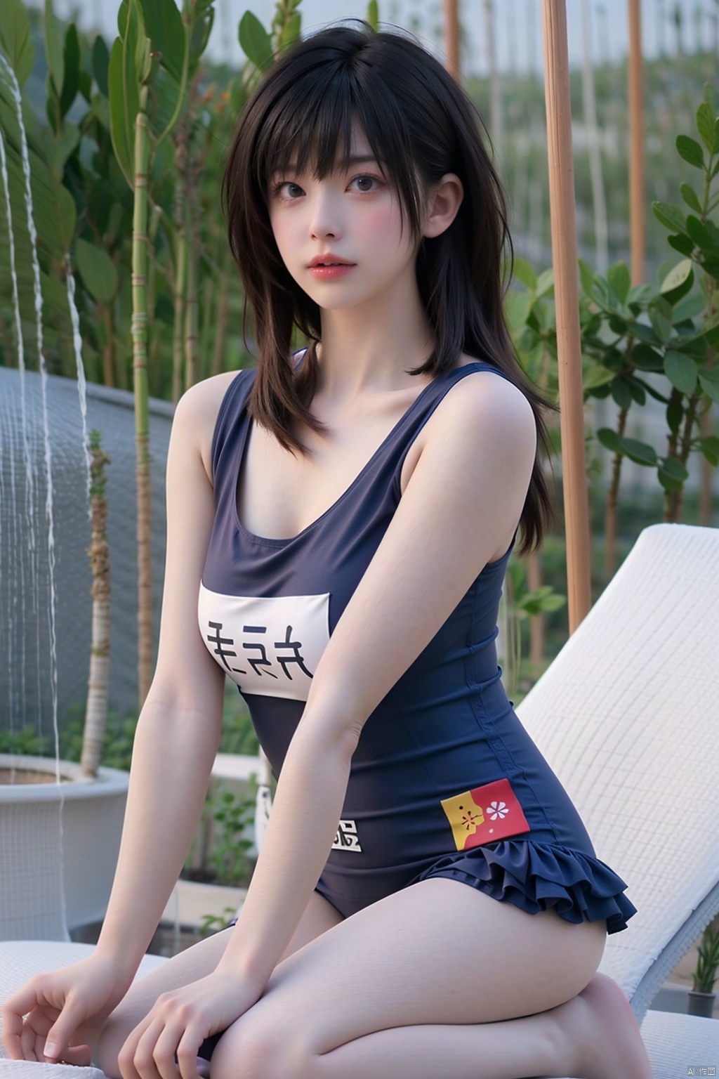 1girl solo looking at viewer black hair sitting swimsuit barefoot one-piece swimsuit kneeling school swimsuit seiza realistic name tag

