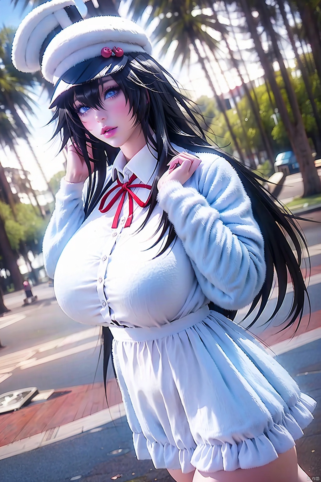 1girl solo long hair looking at viewer blue eyes black hair long sleeves hat dress ribbon outdoors white dress lips coat fur trim blue ribbon

