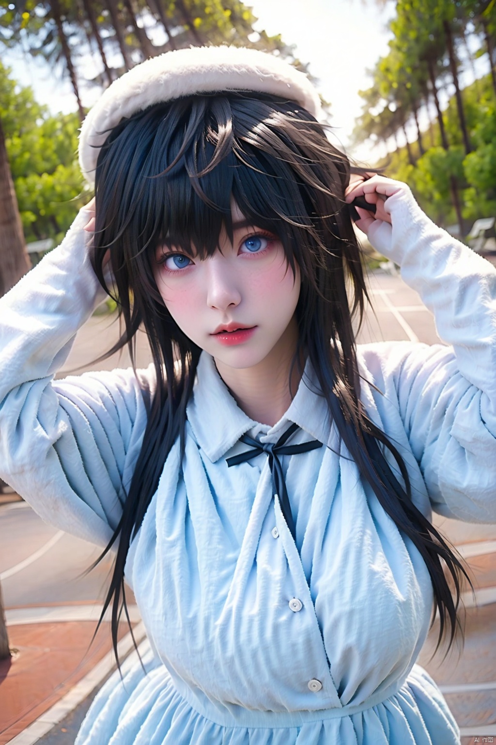 1girl solo long hair looking at viewer blue eyes black hair long sleeves hat dress ribbon outdoors white dress lips coat fur trim blue ribbon
