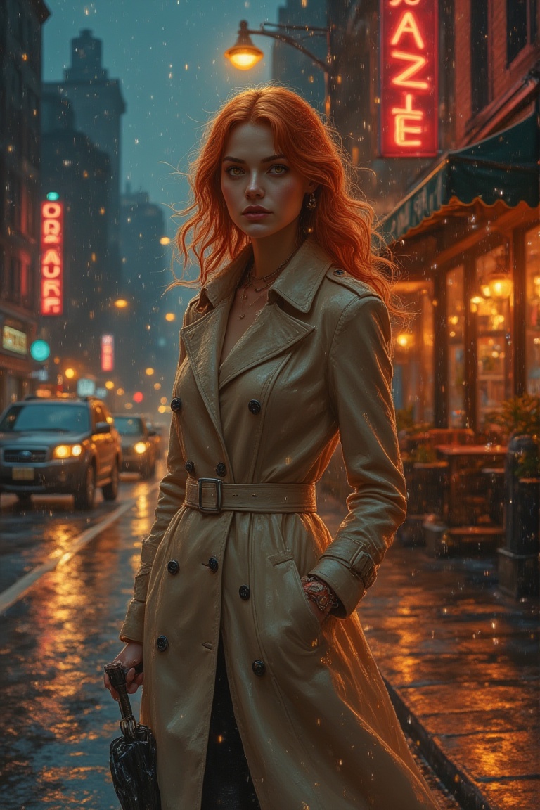 On a rainy evening in the city,  a woman with wavy auburn hair and warm amber eyes stands under the soft glow of a streetl...