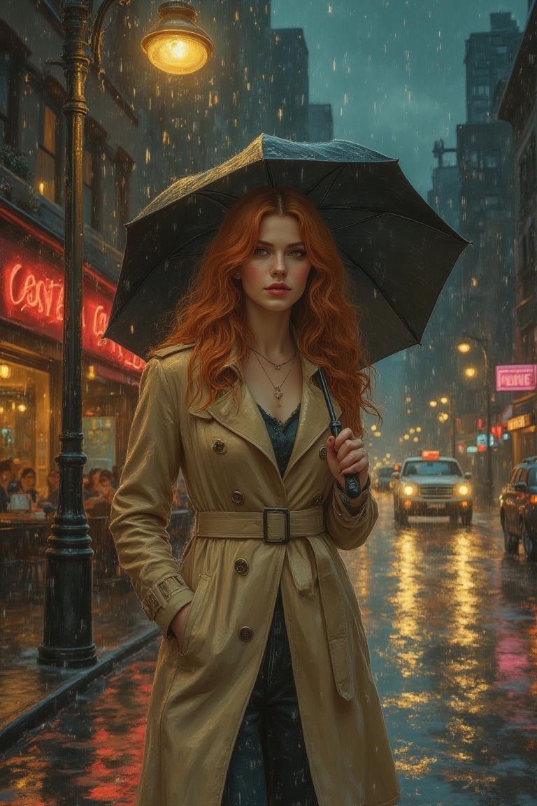 On a rainy evening in the city,  a woman with wavy auburn hair and warm amber eyes stands under the soft glow of a streetl...
