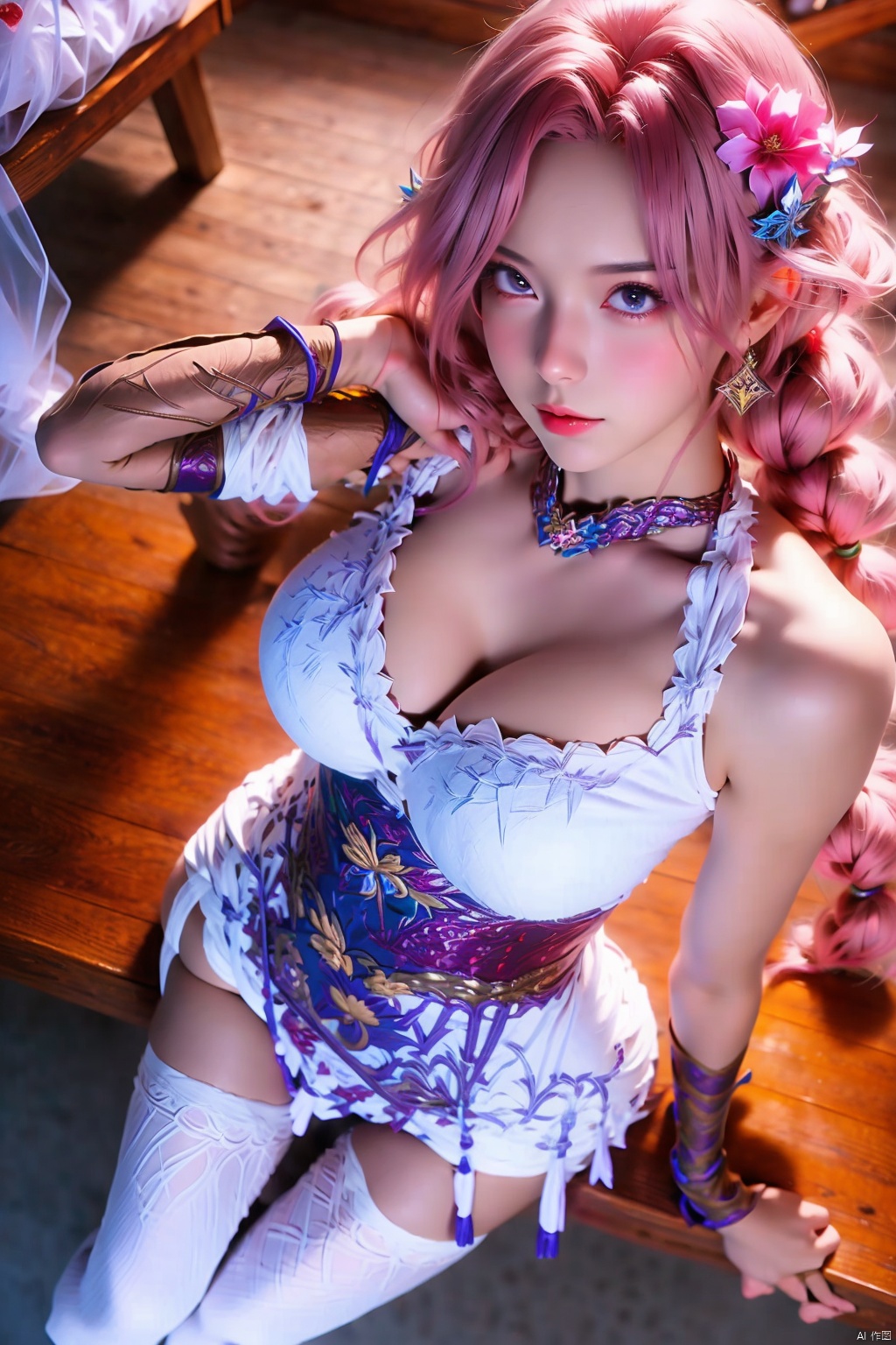 1girl solo long hair breasts hair ornament thighhighs dress cleavage sitting pink hair flower
