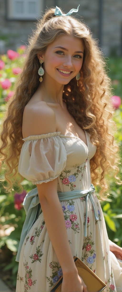 A smiling elf woman in the garden of a castle in another world. She is mid-chested and has long golden hair tied into a po...