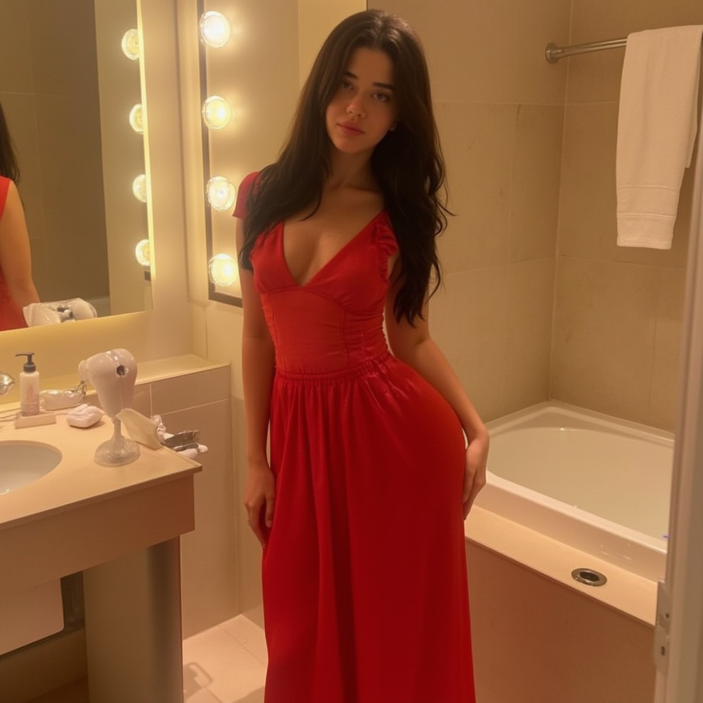 Vanessa Reinhardt ,  A young woman poses in a bathroom,  wearing a flowing red dress with a low neckline and ruffled detai...
