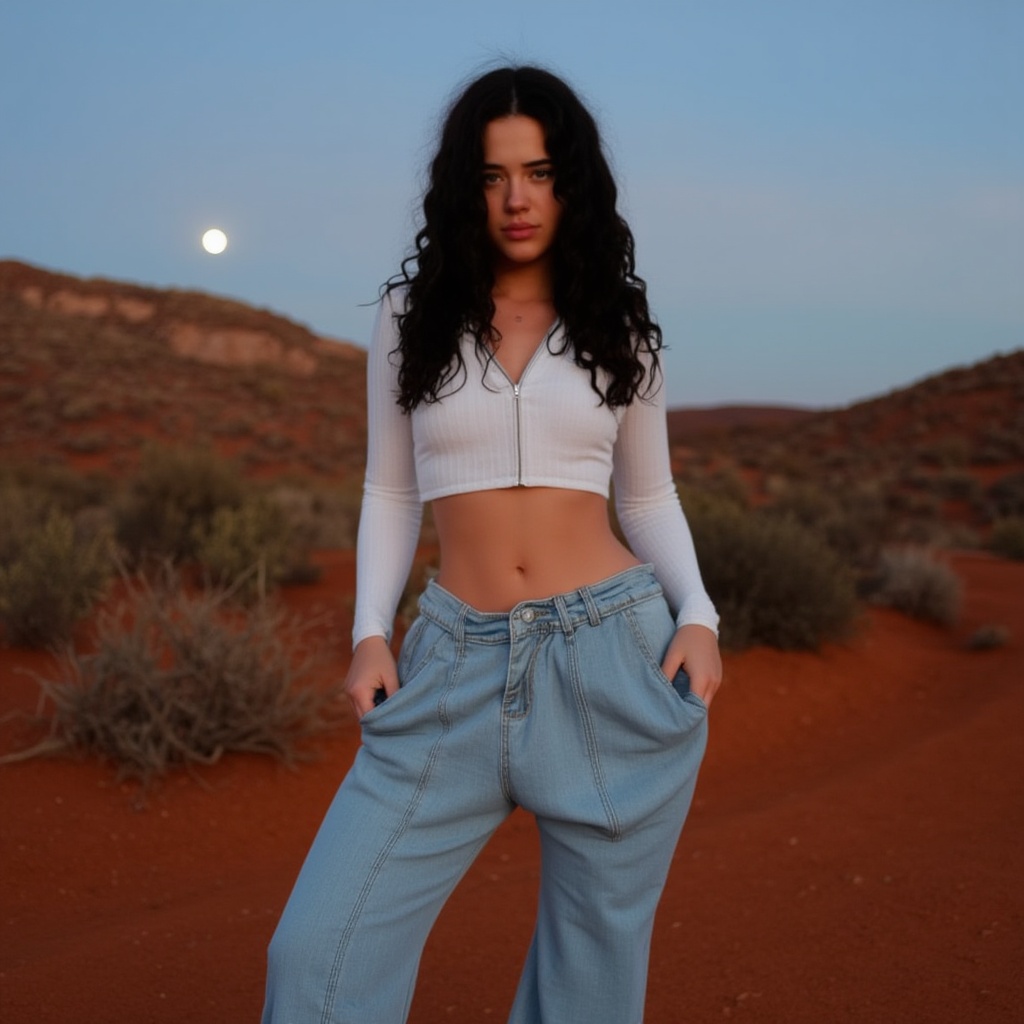 Vanessa Reinhardt ,  Generate an outdoor scene at dusk,  with soft golden lighting illuminating a young woman standing in...