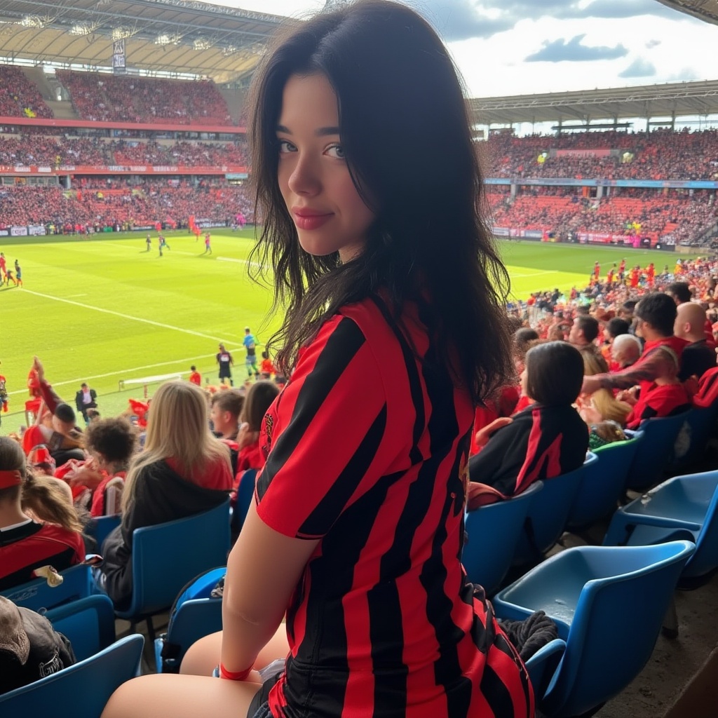 Vanessa Reinhardt ,  A young woman with long,  wavy black hair is sitting in a crowded stadium on Tensor.Art