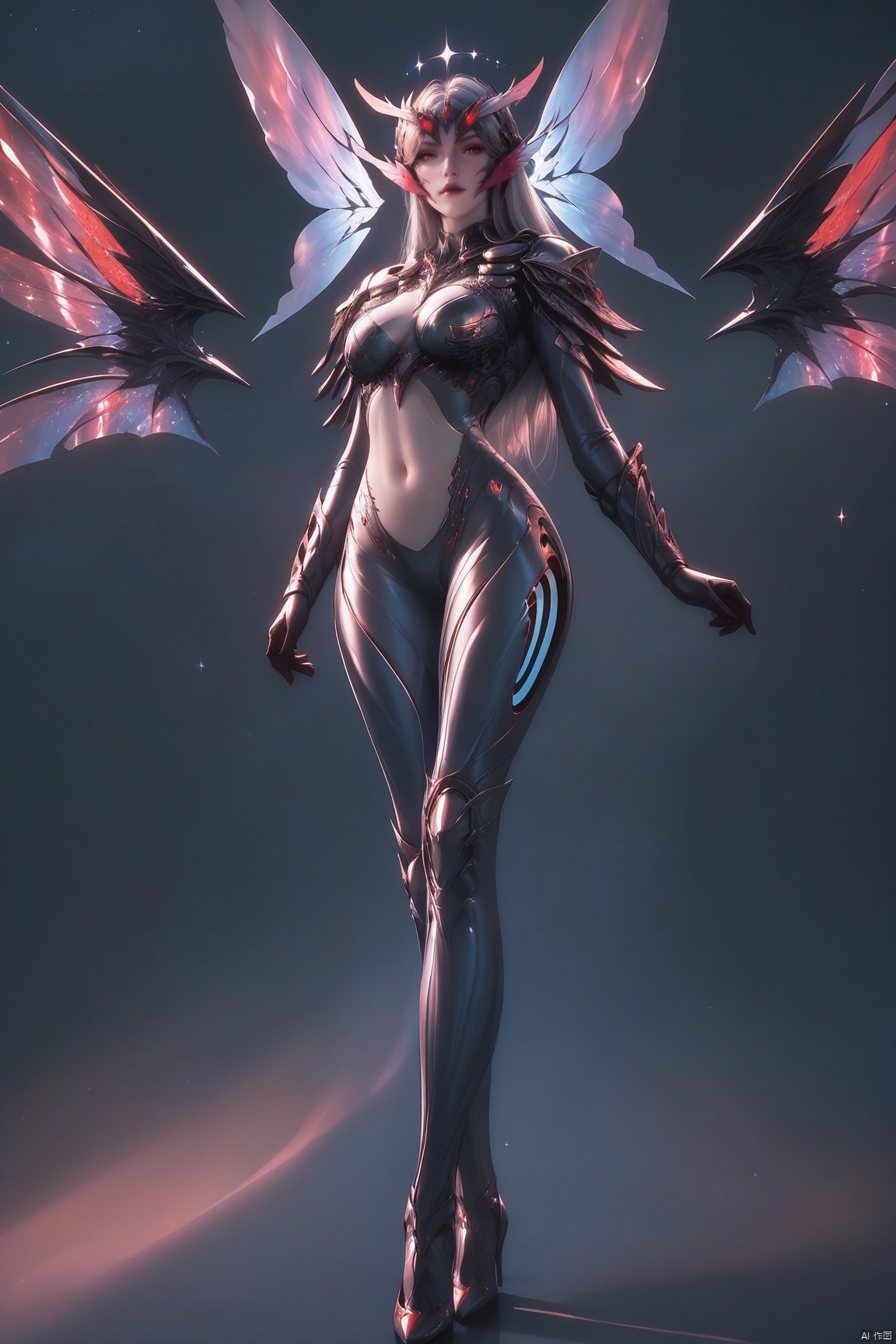 score_9, score_8_up, score_7_up,highly detailed digital,1girl, solo, long hair, breasts, looking at viewer, red eyes, navel, medium breasts, standing, full body, wings, armor, high heels, bodysuit