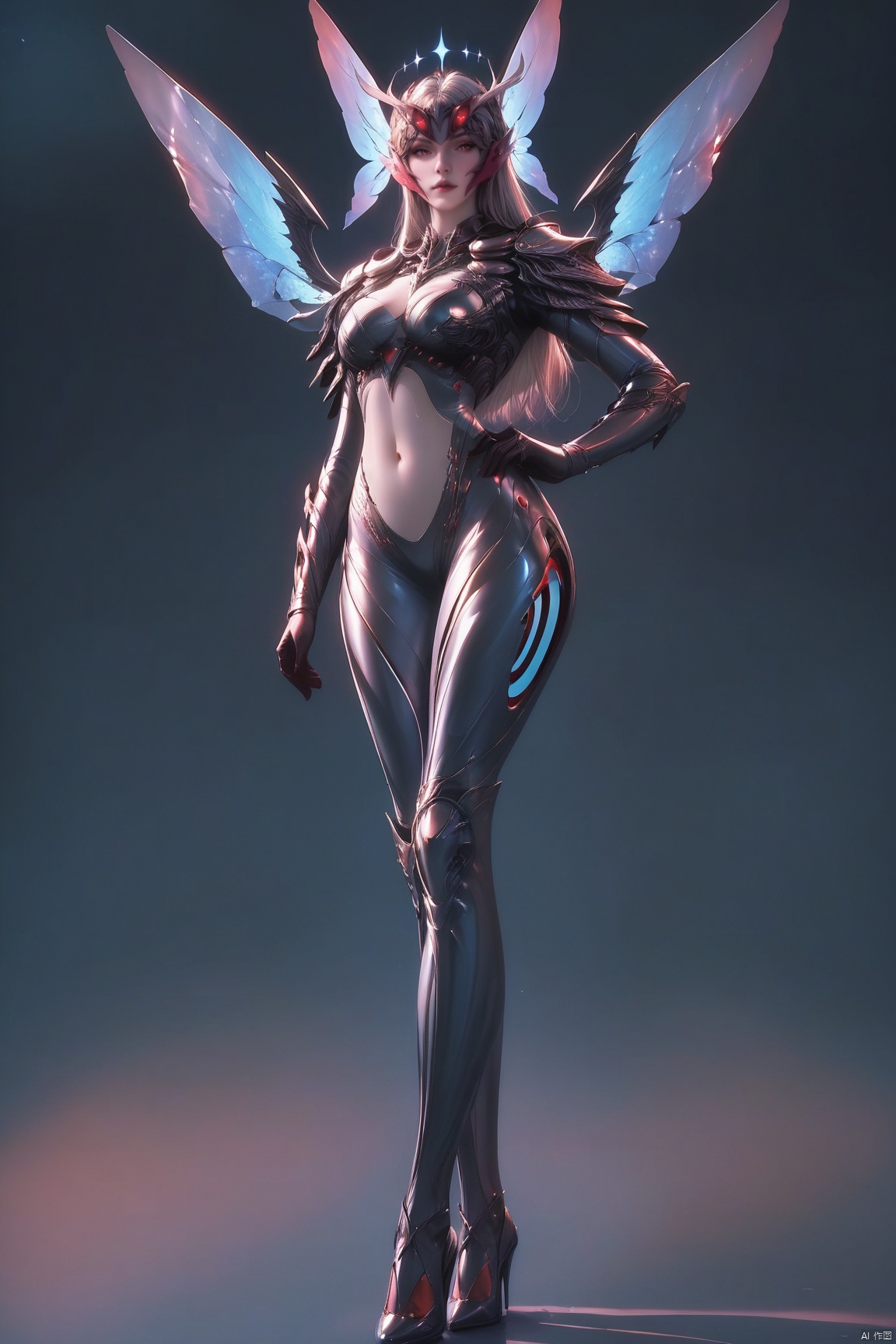 score_9, score_8_up, score_7_up,highly detailed digital,1girl, solo, long hair, breasts, looking at viewer, red eyes, navel, medium breasts, standing, full body, wings, armor, high heels, hand on hip, bodysuit