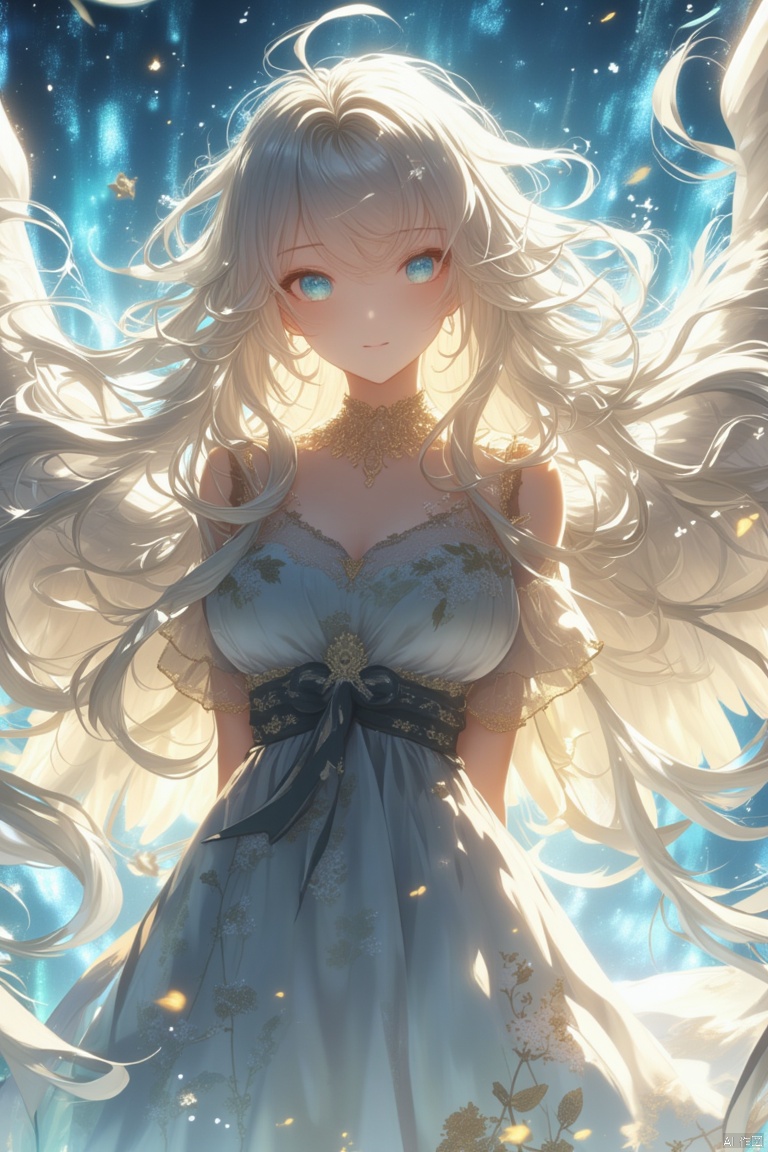 A winged goddess girl,snowy,luoxue,a young asian woman,bare shoulders, blue eyes, bracelet, breasts, cleavage, dress, earrings, floral print, jewelry, long hair, looking at viewer, medium breasts, necklace, solo, very long hair, white hair