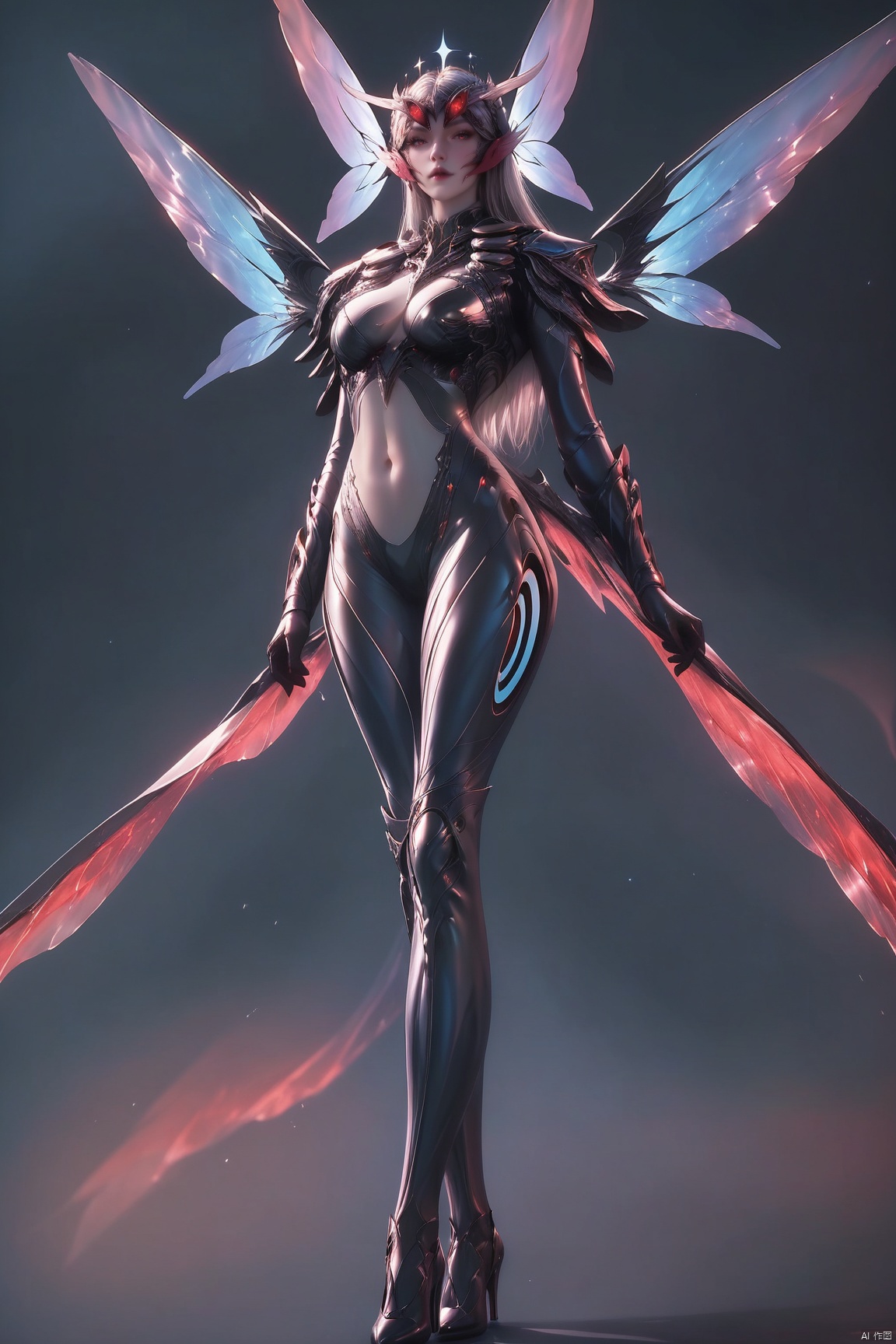 score_9, score_8_up, score_7_up,highly detailed digital,1girl, solo, long hair, breasts, looking at viewer, red eyes, navel, medium breasts, standing, full body, wings, armor, high heels, bodysuit