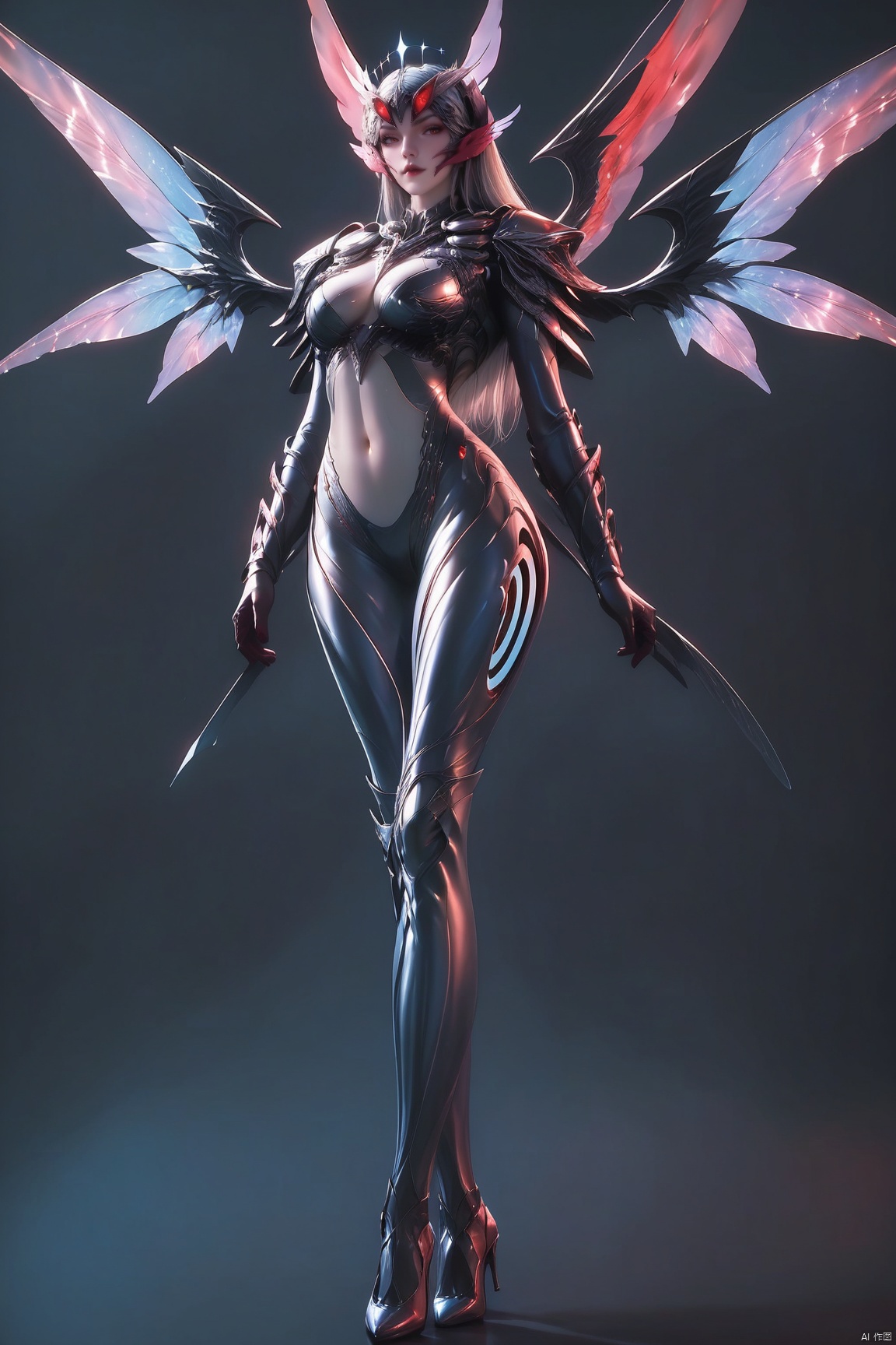 score_9, score_8_up, score_7_up,highly detailed digital,1girl, solo, long hair, breasts, looking at viewer, red eyes, navel, medium breasts, standing, up body, wings, armor, high heels, bodysuit