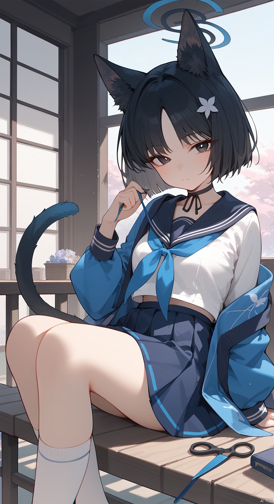 (score_9,score_8_up,score_7_up), (masterpiece),( beautiful),(high quality),(finely detailed),extremely detailed CG unity 8k wallpaper,best quality, 
1girl, solo, looking at viewer, blush, short hair, bangs, skirt, shirt, black hair, long sleeves, holding, animal ears, sitting, closed mouth, school uniform, tail, white shirt, pleated skirt, japanese clothes, serafuku, choker, day, socks, indoors, cat ears, sailor collar, blurry, black eyes, blue skirt, cat tail, neckerchief, animal ear fluff, black choker,cat girl, white socks, blue sailor collar, bench, blue neckerchief, scissors,  halo,  kikyouBA