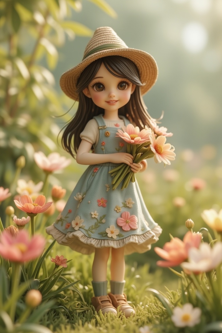 A detailed figurine of a pretty girl in a casual dress adorned with small flower patterns,  standing amidst a field of blo...