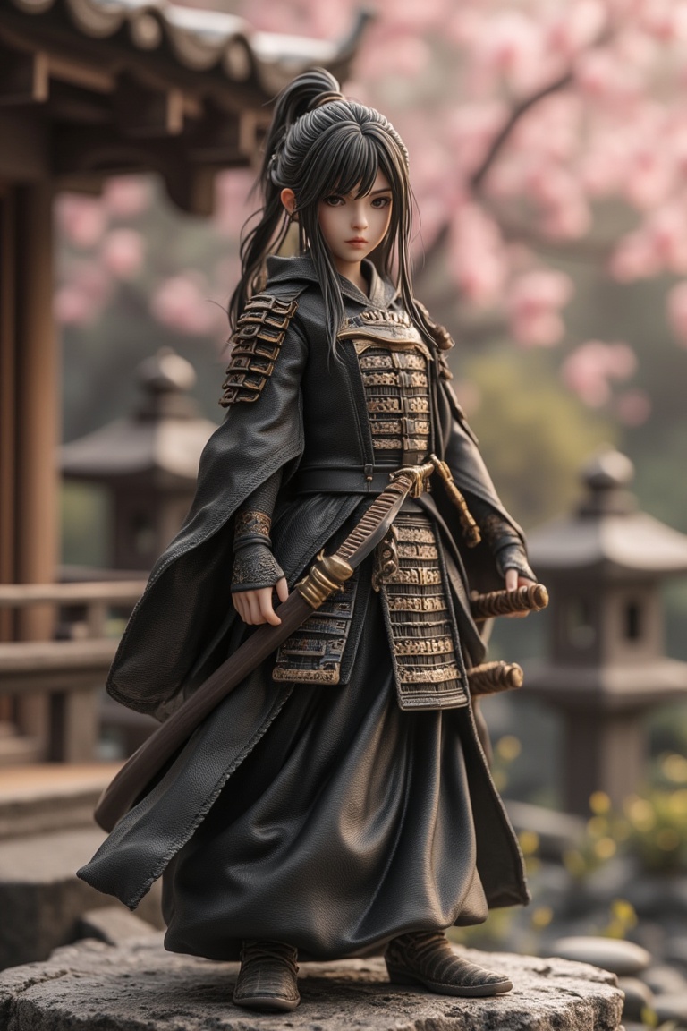A detailed figurine of a young girl dressed as a samurai,  holding a Japanese sword,  standing in a dynamic pose. The scen...