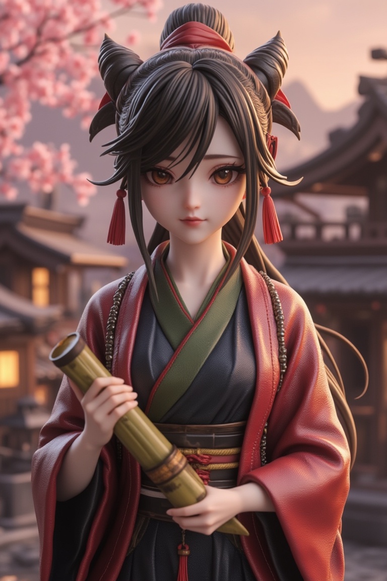 A detailed figurine of Nezuko,  the anime character from Demon Slayer,  in her iconic kimono and with her distinctive horn...