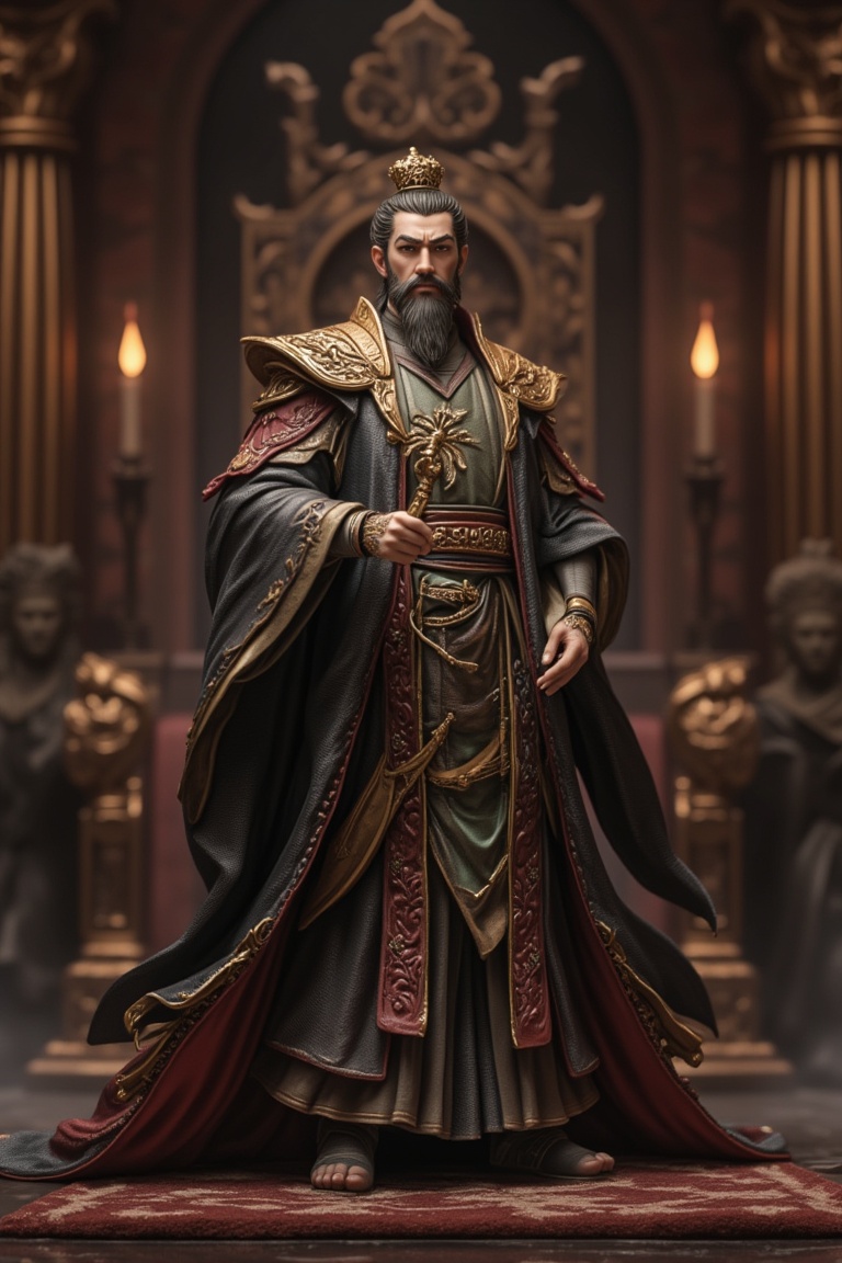 A detailed figurine of a handsome emperor,  standing with a commanding presence. The scene is set in a grand throne room,...