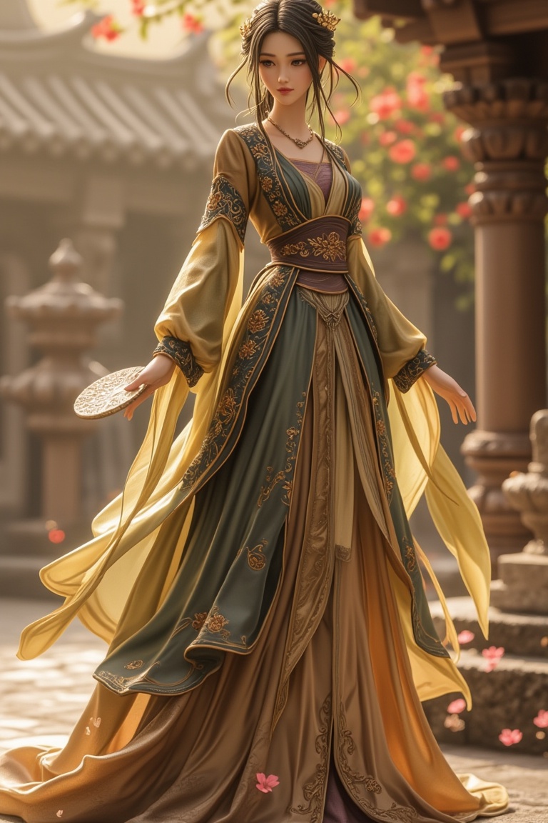 A detailed figurine of a princess in a majestic ancient dress,  standing gracefully with a serene expression. The scene is...