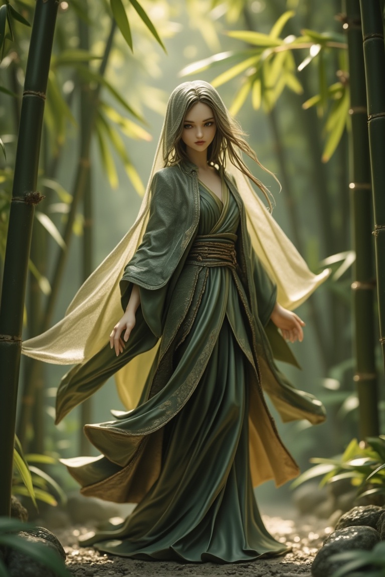 A detailed figurine of a woman standing in a bamboo forest,  wearing a flowing veil that dances in the breeze. The scene i...