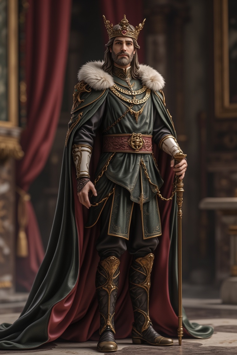 A detailed figurine of a regal prince,  standing tall with a commanding presence. The scene is set in a grand castle hall,...