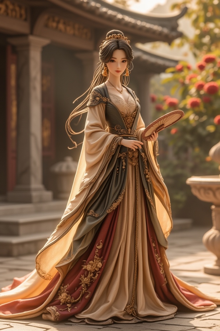 A detailed figurine of a princess in a majestic ancient dress,  standing gracefully with a serene expression. The scene is...