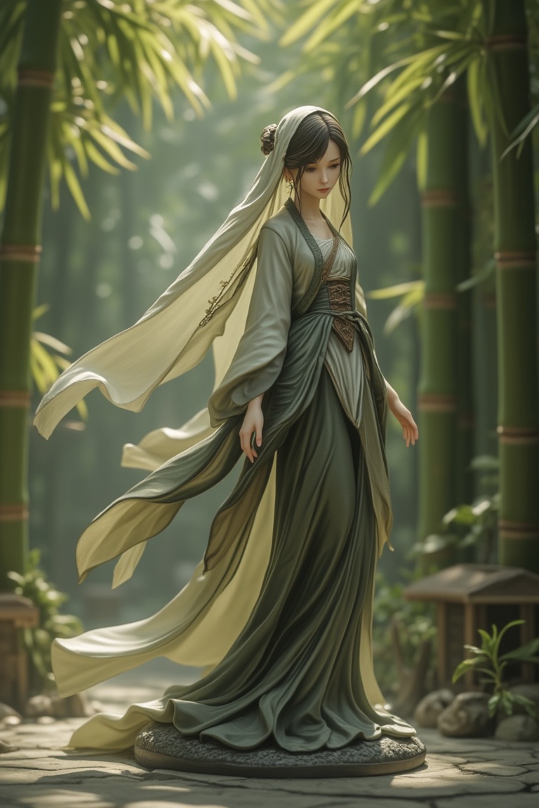 A detailed figurine of a woman standing in a bamboo forest,  wearing a flowing veil that dances in the breeze. The scene i...