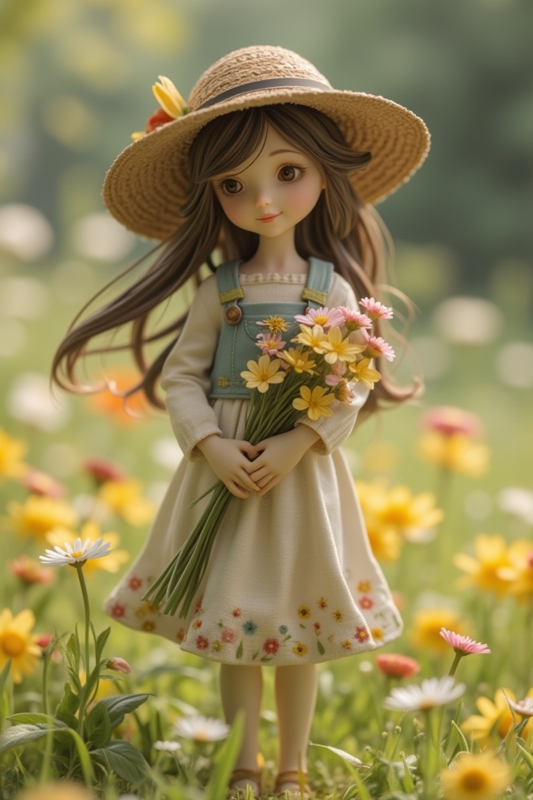 A detailed figurine of a pretty girl in a casual dress adorned with small flower patterns,  standing amidst a field of blo...