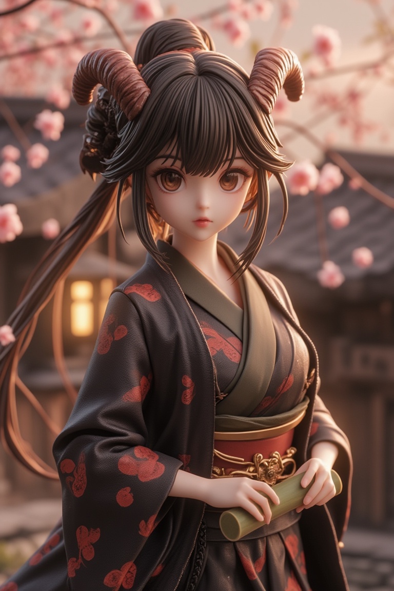 A detailed figurine of Nezuko,  the anime character from Demon Slayer,  in her iconic kimono and with her distinctive horn...