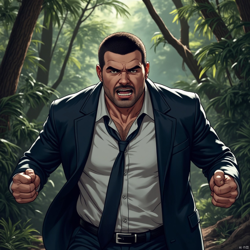 1man, temperamental man, deep in the jungle, a man is wearing a police detective suit jacket and a white shirt. He has a heavy expression and is panting to chase someone.