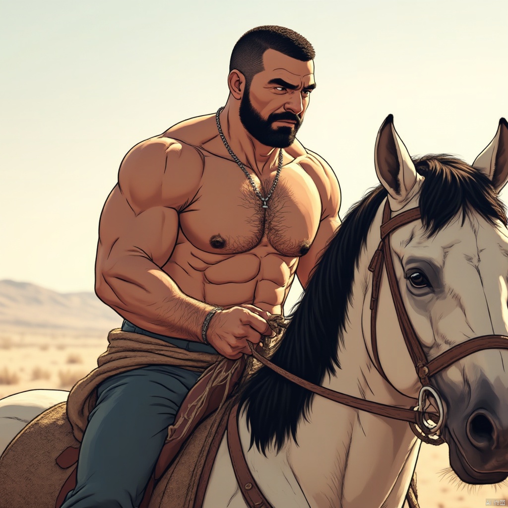 temperamental man,male focus,1man,TGYWL,A man with bare upper body riding a horse