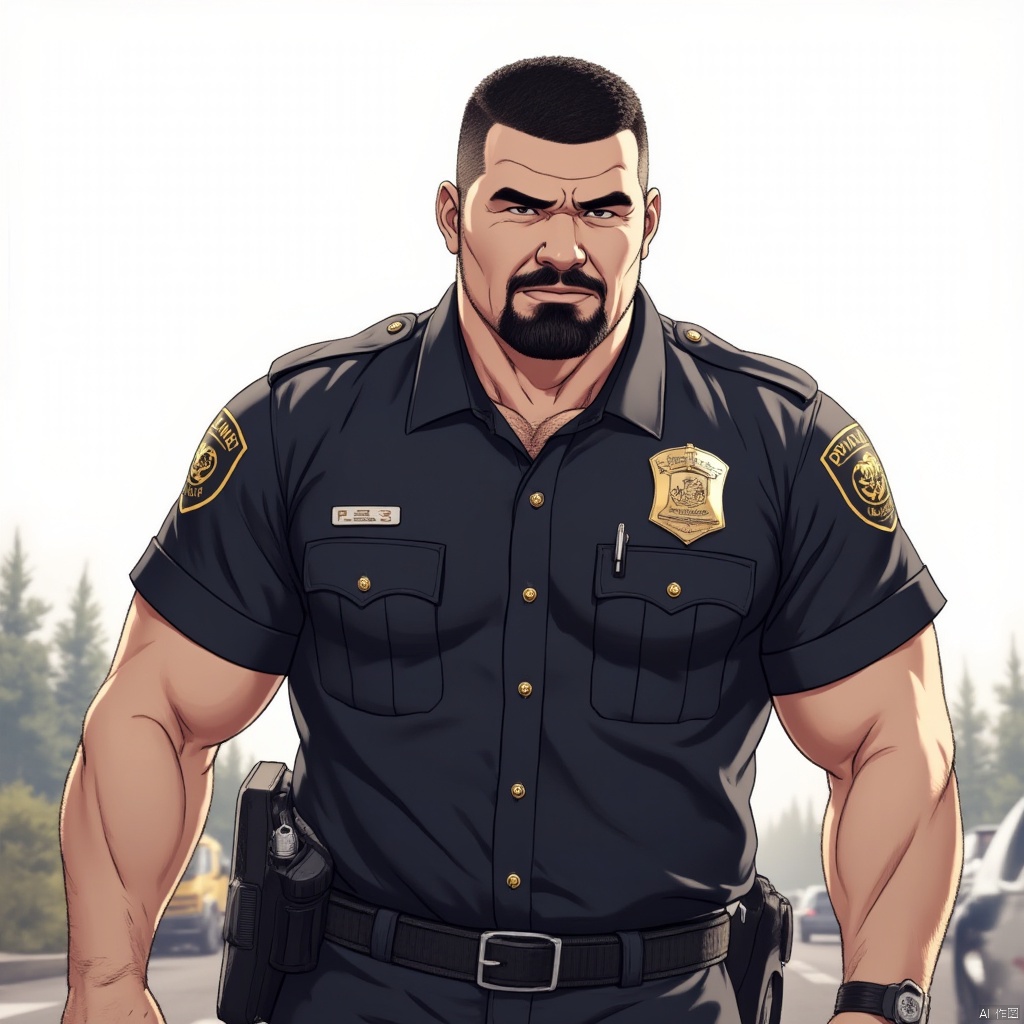 1man,TGYWL,best quality, masterpiece, super high resolution, simple background, realism, illustrations, volumetric lighting,single,1boy, muscle, facial hair, serious,full body, crew cut,armed police, on_the_road, bulgeJ8, fazhen,asian