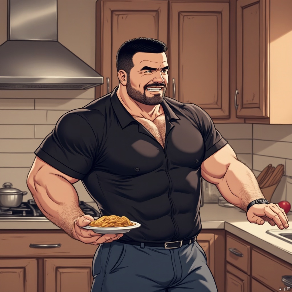 1man, temperamental man,solo, smile, short hair, shirt, black hair, holding, male focus, food, pants, indoors, nipples, black shirt, muscular, facial hair, pectorals, muscular male, bara, beard, plate, large pectorals, mature male, realistic, blue pants, holding plate, chest hair, kitchen, arm hair