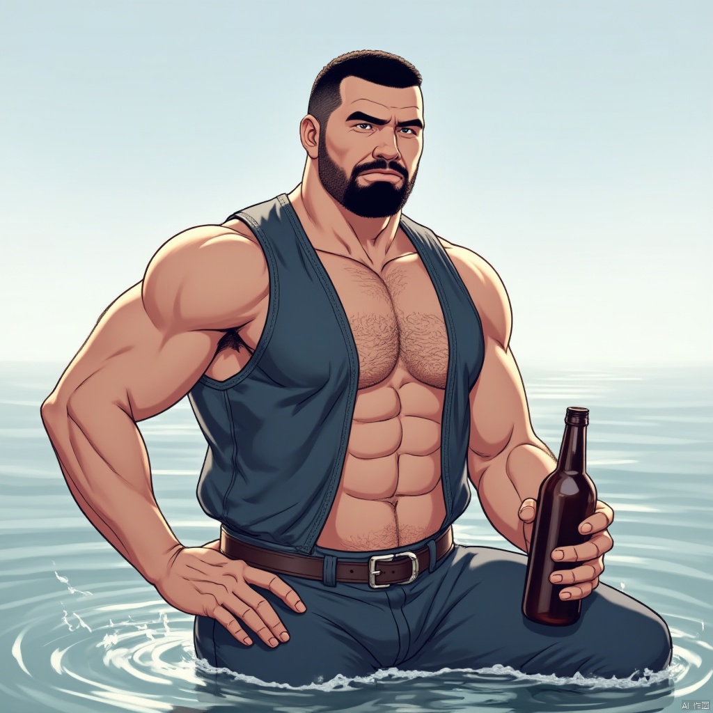 1man, solo, looking at viewer, short hair, black hair, 1boy, navel, holding, sitting, nipples, male focus, outdoors, open clothes, day, belt, pants, water,in water, tanks_tops, muscular, facial hair, abs, bottle, pectorals, denim, muscular male, bara, beard, large pectorals, jeans, blue pants, holding bottle, bare pectorals, open vest
