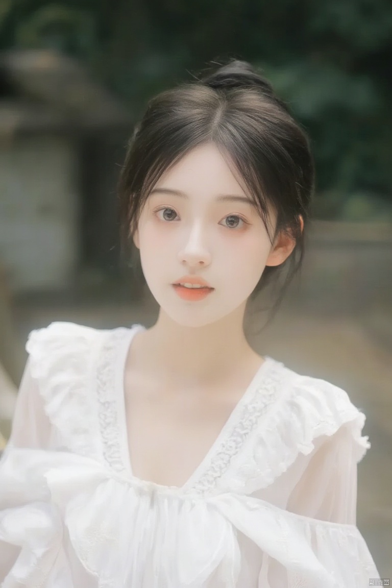 a close-up shot of a young Asian woman with dark brown hair and brown eyes. She is wearing a white sleeveless blouse with a low neckline that is adorned with white embroidery. Her hair is pulled back in a ponytail, adding a touch of texture to her face. The backdrop is blurred, creating a stark contrast to the woman's white dress.