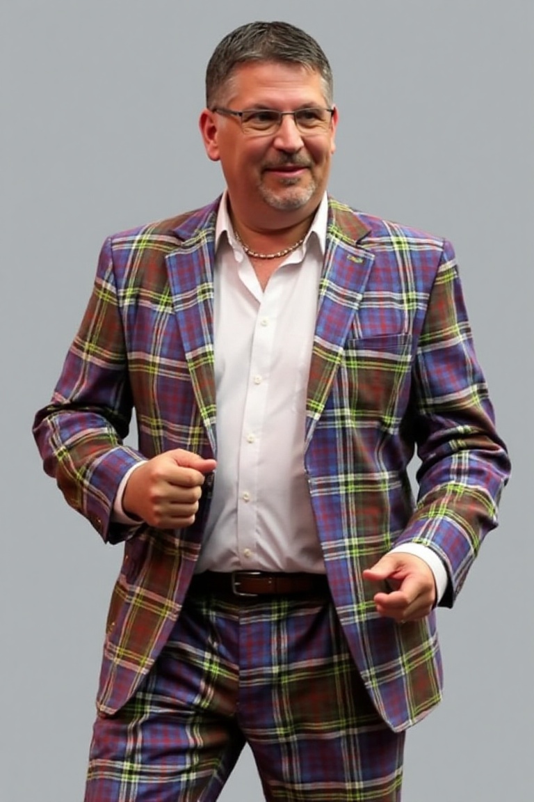 A high-resolution photograph of Gary Anderson,  wearing a vibrant tartan suit with a white dress shirt,  standing in a dyn...