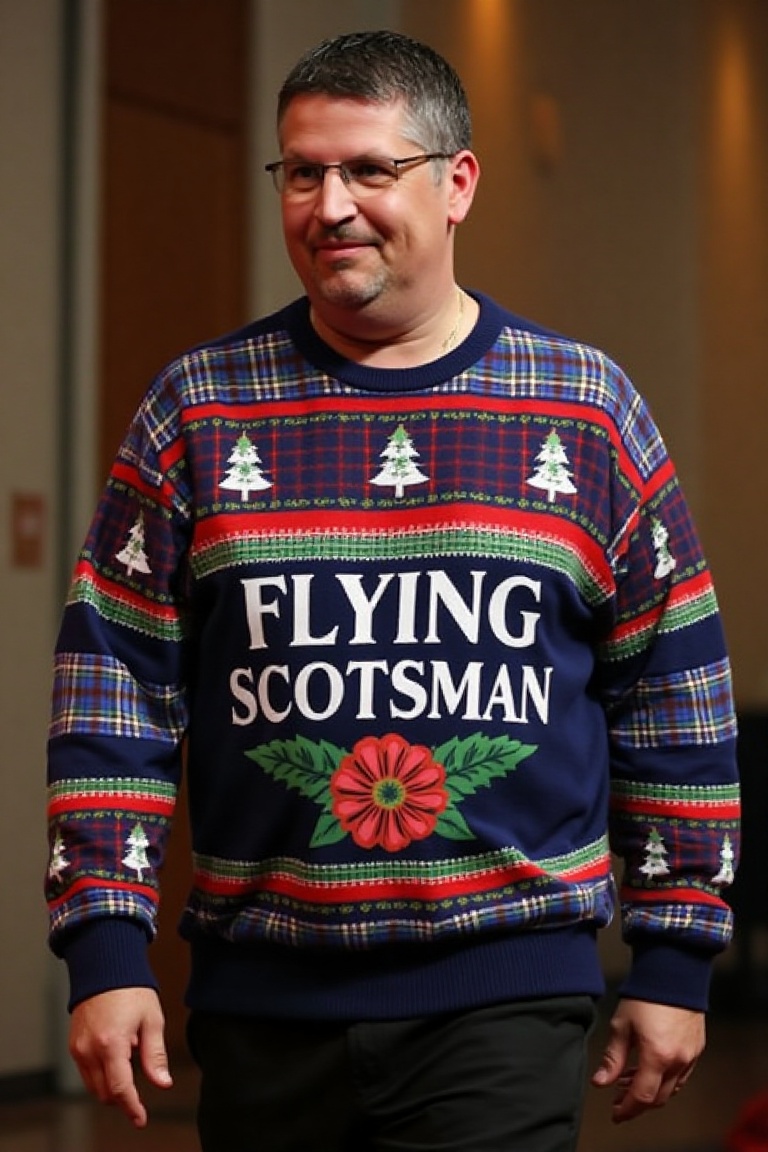 The image is a high-resolution photograph of a man wearing a Christmas themed sweater with the words "FLYING SCOTSMAN" kni...