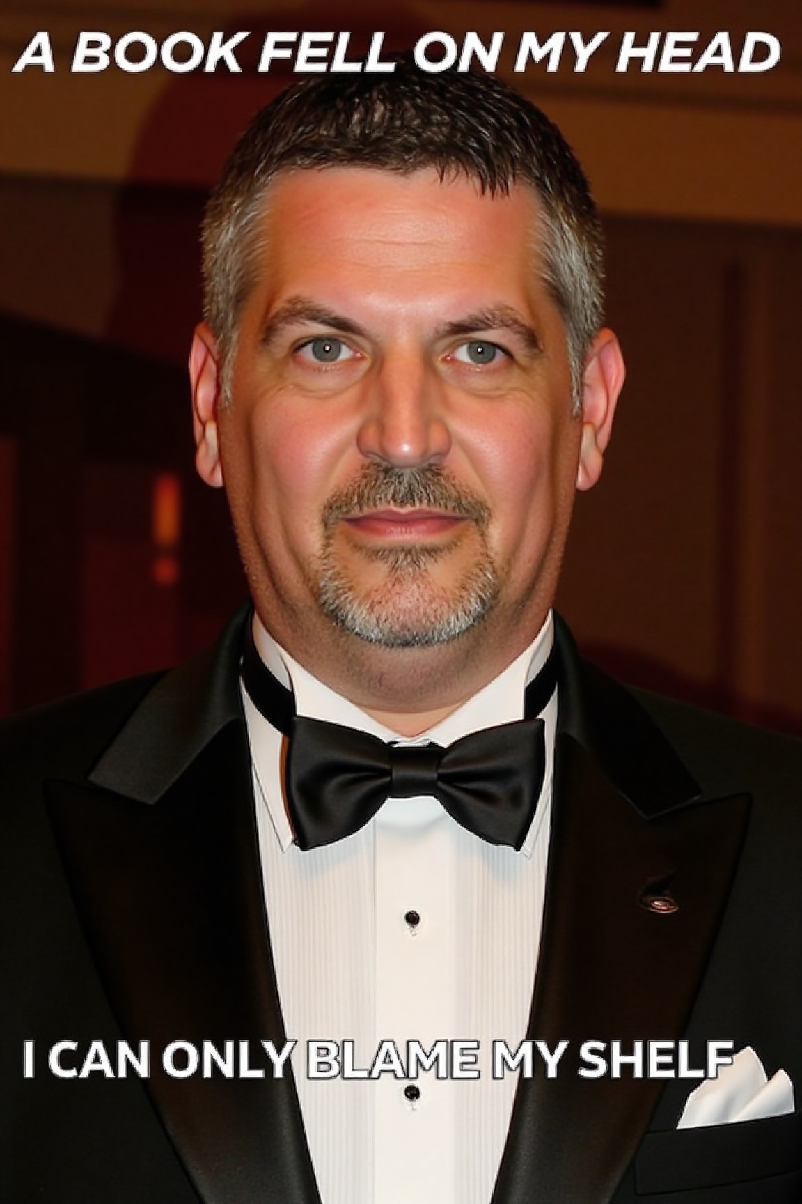 The image is a high-resolution photograph of Gary Anderson,  a man with a stern expression,  wearing a classic black tuxed...