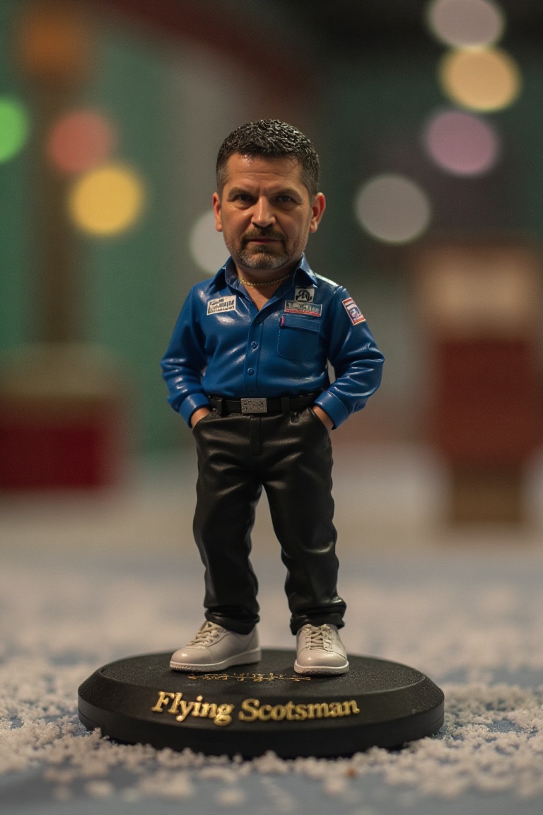 This is a high-resolution photograph of a detailed,  miniature action figure of Gary Anderson,  standing on a round on Ten...