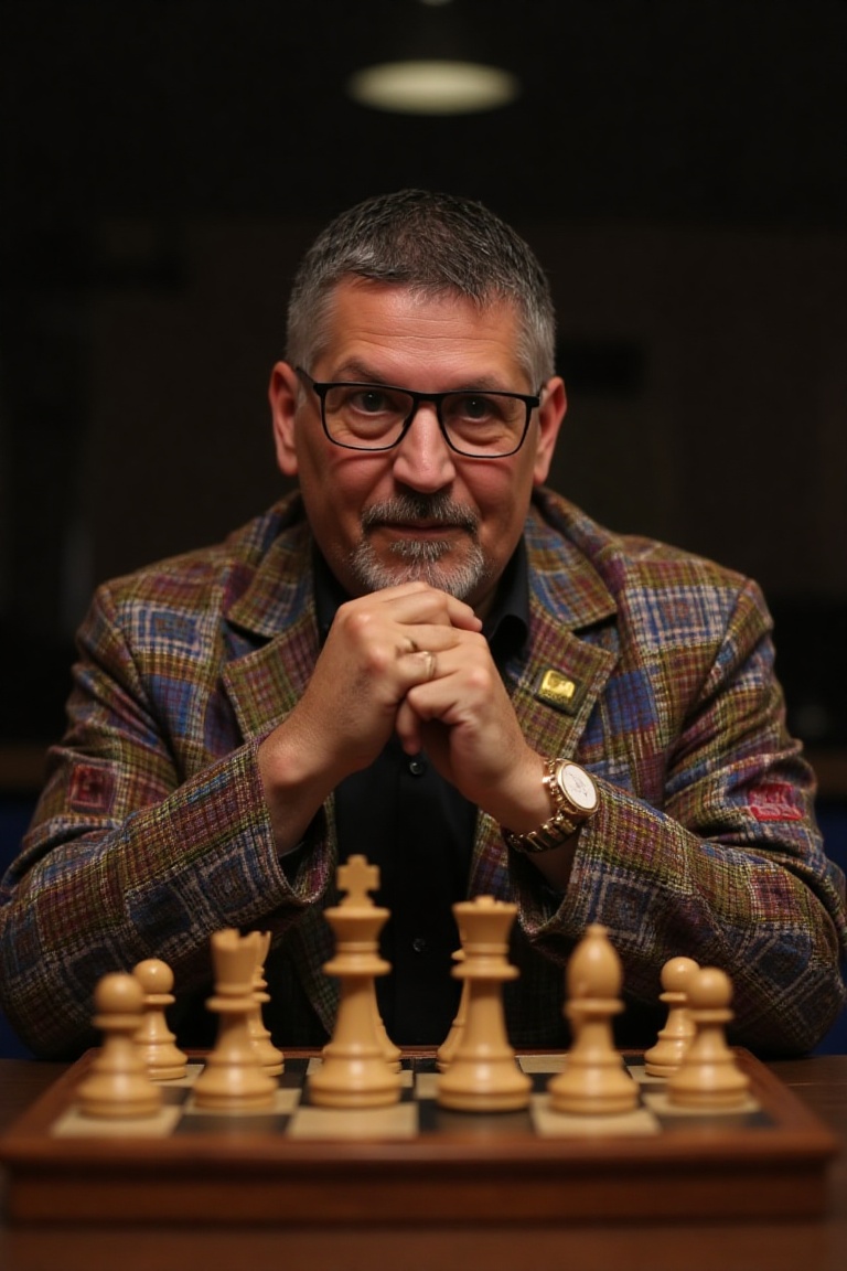 The image is a high-resolution photograph of a man,  sitting behind a chess board wearing a paisley smoking jacket,  chin...